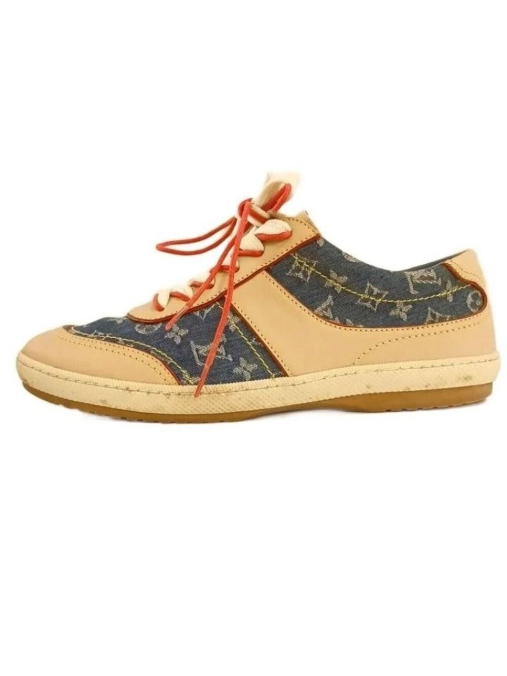 Louis Vuitton Monogram Denim Sneakers Leather Low Cut Blue Beige